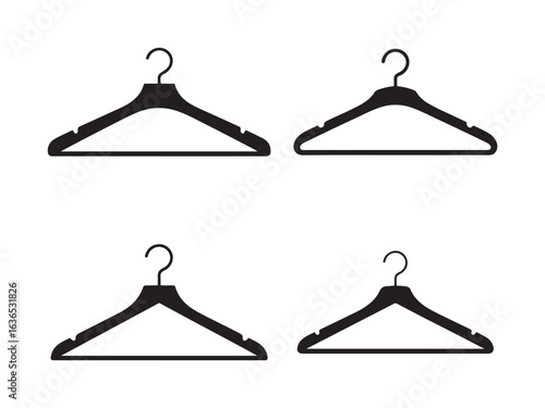 Four black plastic coat hangers displayed against a white background.
