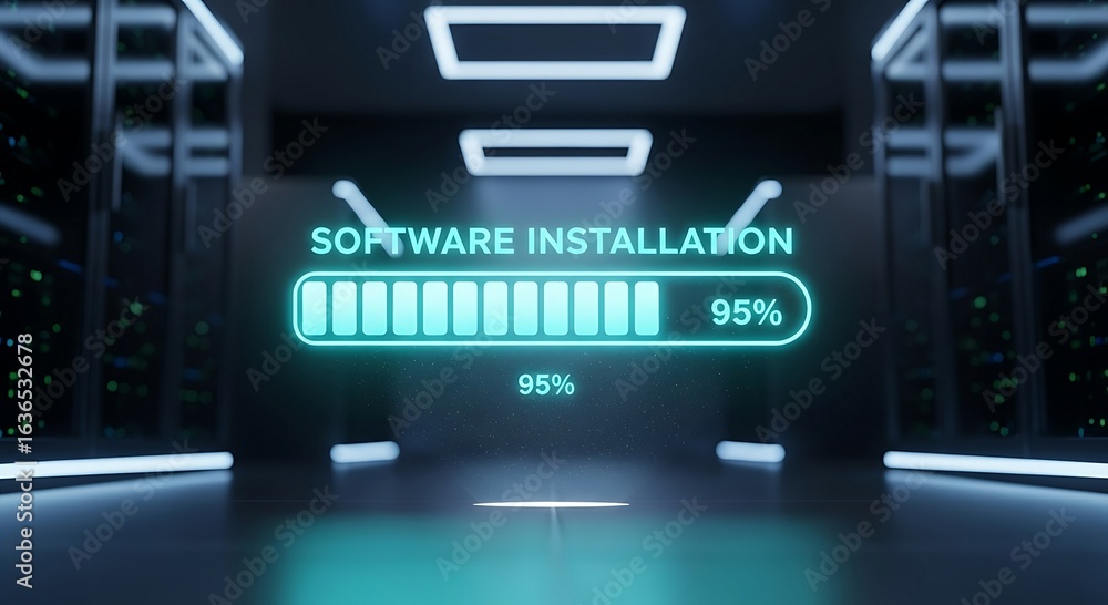 Fototapeta premium A glowing blue progress bar displays software installation at ninety-five percent within a sleek digital interface.