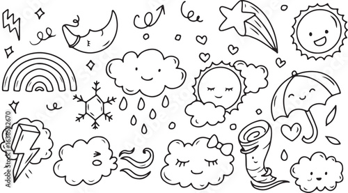 Weather Doodle Set – Cloud, Rain, Sun, Storm, Snow, Seasons, Vector, Hand-Drawn