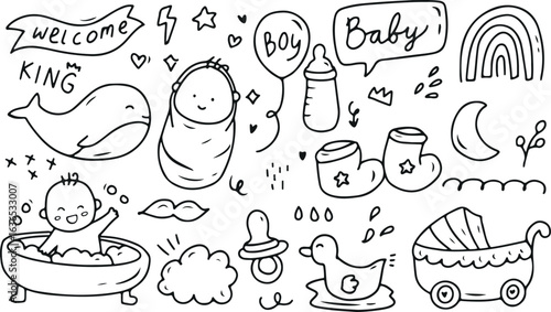 Baby Theme Doodle Set – Cute, Nursery, Childhood, Toys, Feeding, Vector, Hand-Drawn, Cartoon Style