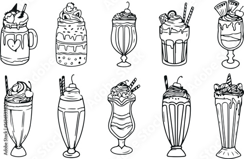 Milkshake and Dessert Doodle Set – Sweet, Drinks, Cafe, Ice Cream, Chocolate, Strawberry, Vector, Hand-Drawn