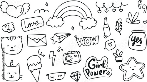 Girl Power Doodle Set – Rainbow, Clouds, Lipstick, Hearts, Fun Feminine Icons
