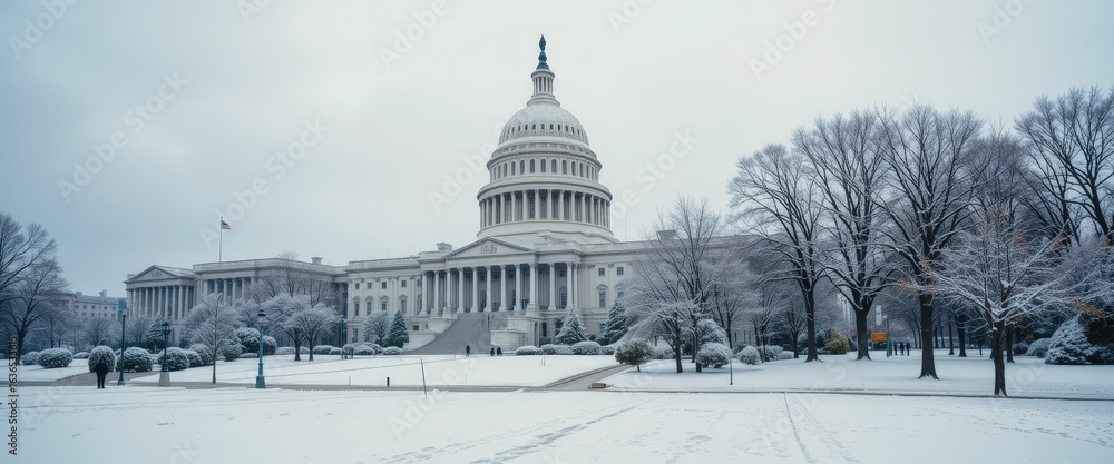 Fototapeta premium Winter snowfall at the u.S. Capitol building washington d.C. Landscape photography cold environment wide angle view government concept