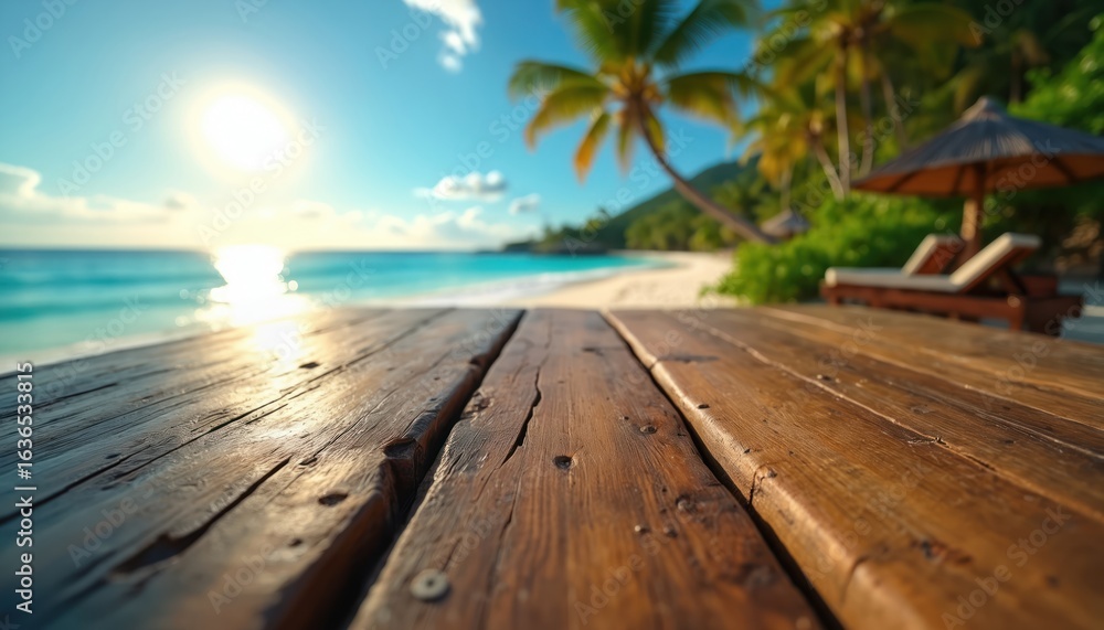 Fototapeta premium Rustic wooden table on tropical beach with blurred background. Palm trees, lounge chairs, umbrella, bright sun create paradise vacation feel. Natural wood texture prominent in foreground, ideal for