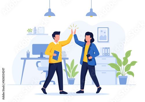 Two colleagues highfiving in an office setting, celebrating a successful project or achievement together