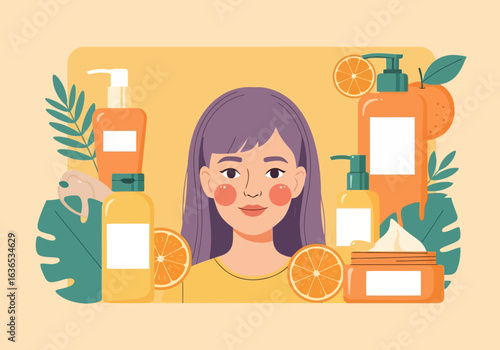 Woman with orangethemed skincare products, featuring bottles, jars, and fresh citrus fruits for a healthy and radiant complexion