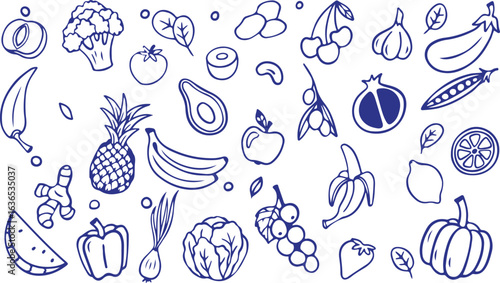 Fruit and Vegetable Doodle Set – Healthy Food, Organic Produce, Hand Drawn Illustration