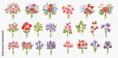 An assortment of eighteen vibrant floral arrangements, featuring different flowers and colors, illustrated in a delicate watercolor style.