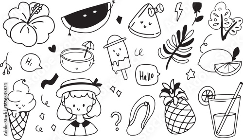 Cute Christmas Doodles – Santa Hat, Cocoa, Candy Cane, Gift, Pineapple, Hand-Drawn, Vector, Kawaii, Cartoon, Winter, Holiday, Outline, Sketch, Festive, Fun, Icon, Decoration, Black and White