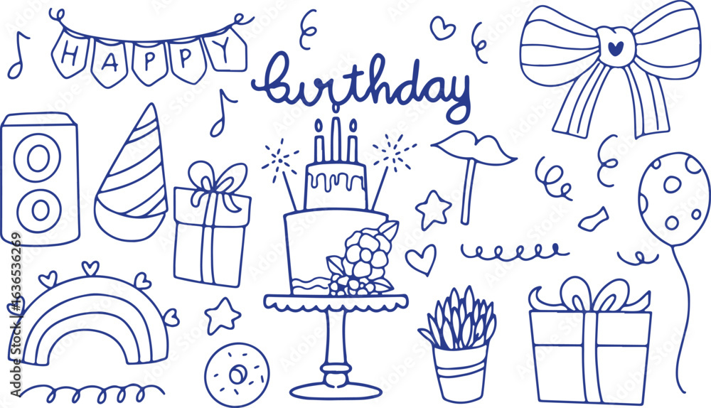 Fototapeta premium Birthday Party Celebration Doodles – Cake, Gift, Cupcake, Balloons, Hand-Drawn, Vector, Festive, Cute, Cartoon, Outline, Sketch, Decoration, Kawaii, Sweet, Party, Invitation, Design, Icon