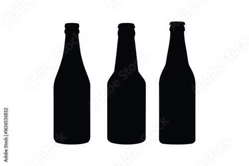 Three Beer Bottles in a Row Black Silhouette Style on White Background Simple and Minimalist silhouette