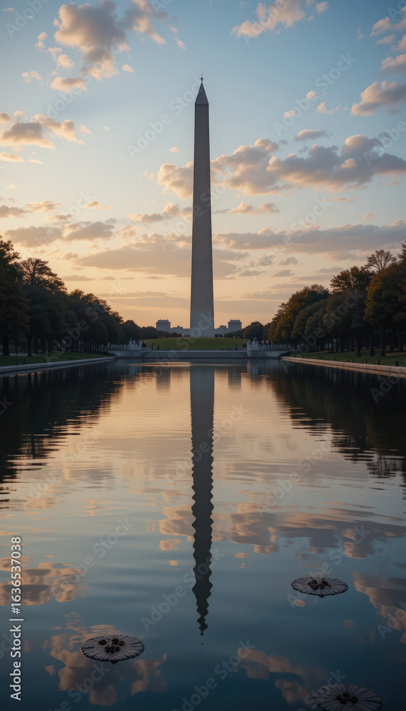 Obraz premium Sunset reflection of the washington monument national mall landscape photography urban environment serene viewpoint american icon