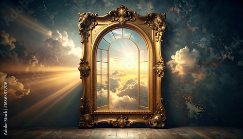 Golden Ornate Frame Showcasing a Window to a Cloudy Sunset Sky