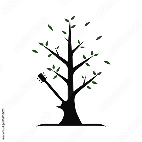 Black guitar neck emerging from tree with green leaves vector art illustration