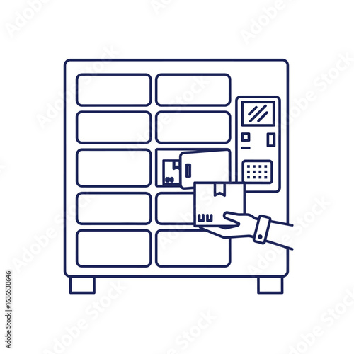 A hand retrieves a package from an automated parcel locker. The locker has multiple compartments and a digital interface.