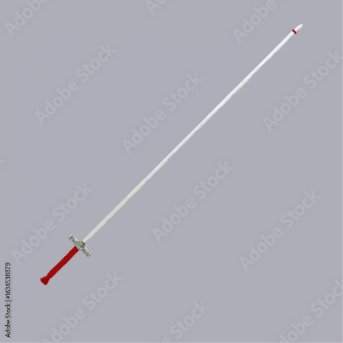 Decorative sword with red handle on grey background  