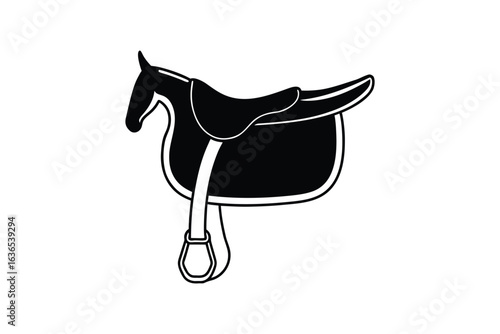 Stylized Horse Saddle Illustration with Stirrup in Black and White Silhouette