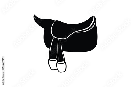 Black and White Horse Saddle Illustration in Silhouette Style on a White Background silhouette