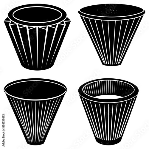 Four black and white illustrations of cone shaped objects with varying designs and line patterns around them