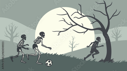 Spooky skeletons play soccer under a large full moon on a chilly autumn night