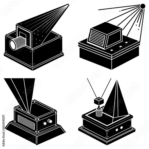 Isometric illustrations of various devices with geometric shapes and light projections displayed in black and white