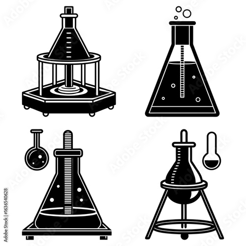 Illustration of laboratory glassware including erlenmeyer flasks and round bottom flasks in black and white
