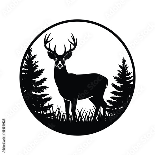 silhouette of a deer with pine trees and forest