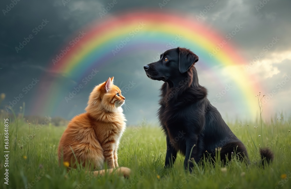 Naklejka premium Fluffy cat, dog sit contemplatively in green meadow under vibrant rainbow. Scene evokes themes of pet loss, death, remembrance. Captures serene, peaceful moment of connection, companionship, hope,
