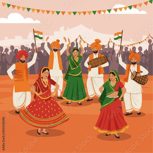 Indian Folk Dancers Performing in Independence Parade – Vector Art