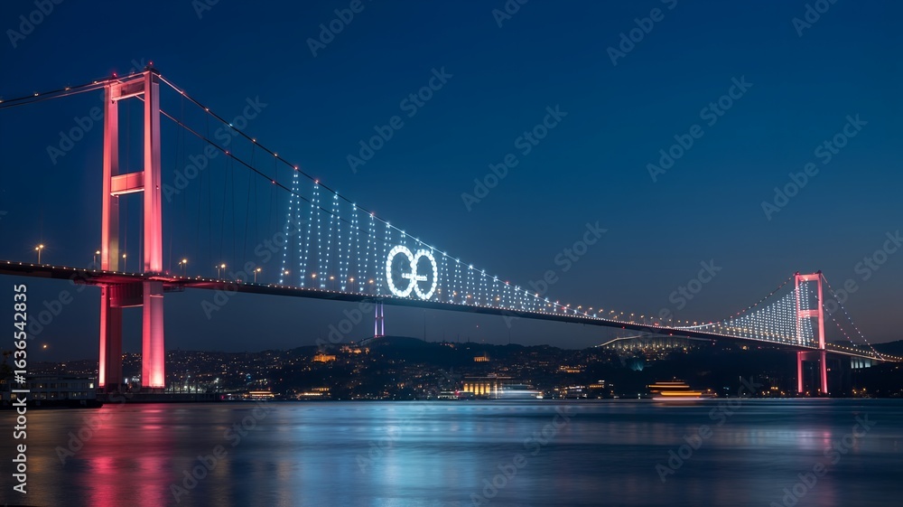 Fototapeta premium Bosphorus Bridge Istanbul, 15 Temmuz Bridge, Night Cityscape with Bridge, Turkish Bridge Illuminated, Istanbul Landmark.