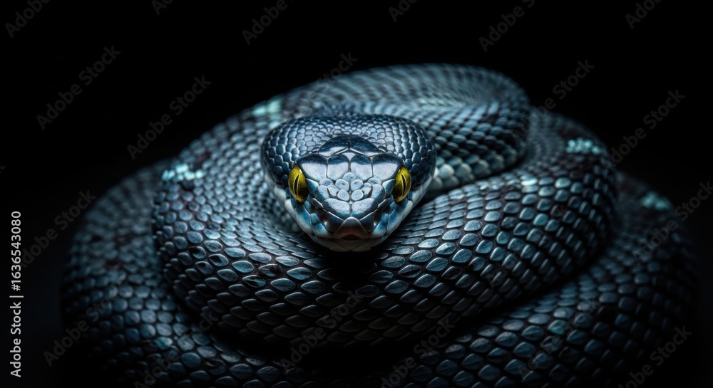 Obraz premium Close up of a coiled dark reptile with bright yellow eyes in the dark