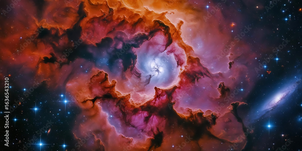 Naklejka premium A vibrant cosmic nebula with swirling clouds of orange, red, and purple, surrounded by stars and galaxies