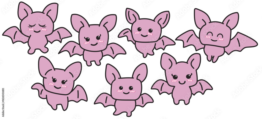 Fototapeta premium Cute mini bats with happy expressions create charming Halloween scene full of joy and playful spirit in this adorable illustration