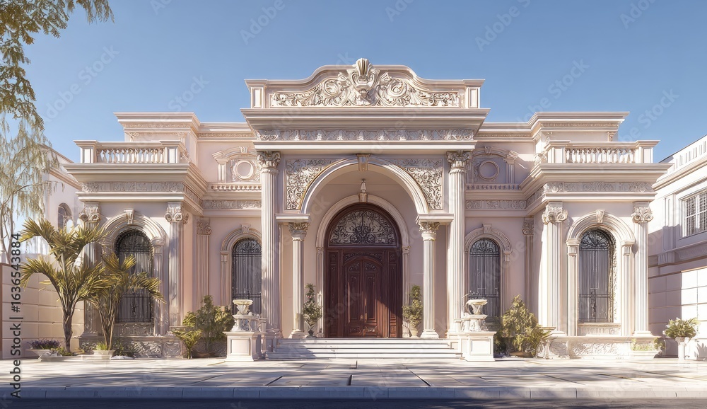 Fototapeta premium Elegant Neoclassical Mansion Facade, Sunny Day, Residential Area, Architectural Rendering