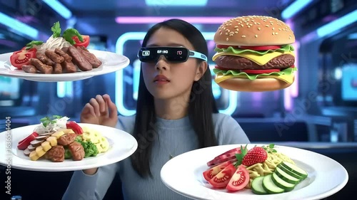 Young Woman Wearing Virtual Reality Glasses Interacting with Floating Food Plates in Futuristic Restaurant Scene