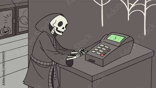 The grim reaper operates a cash register hinting at the cost of life or the final transaction in a darkly humorous halloween scene