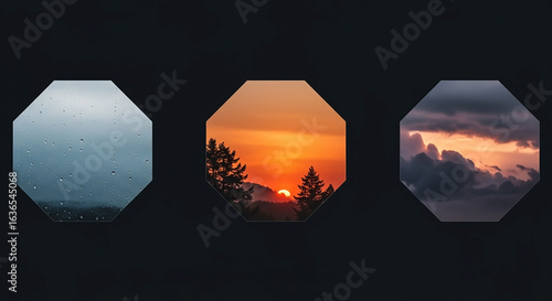 A modern geometric triptych showcasing diverse weather conditions through octagonal frames, from a foggy day to a vibrant and dramatic sunset.