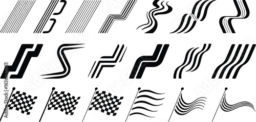 Collection of black and white racing checkered flags and abstract speed lines graphics racing flag abstract lines