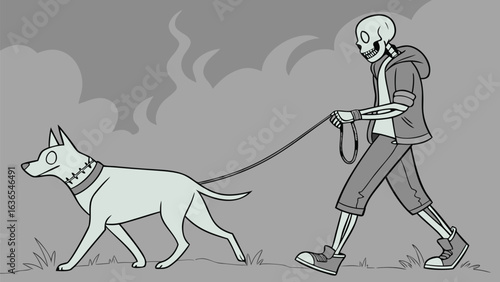 A skeletal figure in casual clothing walks a light colored dog on a leash under a cloudy stylized sky