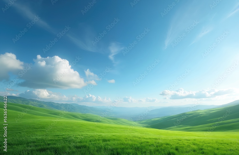 Obraz premium Vast open green landscape with undulating rolling hills under clear blue sky with soft white clouds. Sunlight illuminates scene, creating bright, peaceful, tranquil atmosphere. Rich vegetation,
