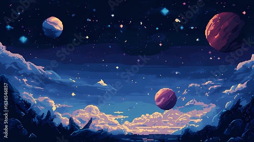 Retro Pixel Space Scene with Celestial Elements Like Planets and Stars, Ideal for 2D Side Scroller Game Backgrounds.