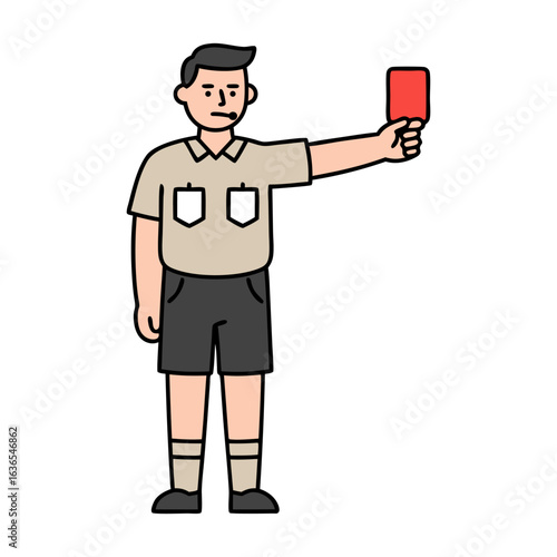 A serious soccer referee character shows a red card, illustrating expulsion and penalty rules during a match.