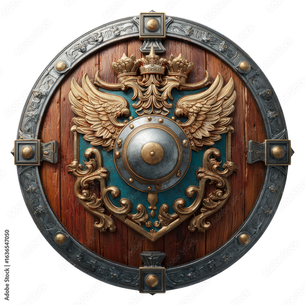 Fototapeta premium Ornate Shield with Detailed Carvings on Transparent Background