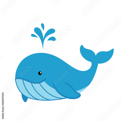Cute blue whale vector illustration with water splash, flat cartoon design isolated on white background.