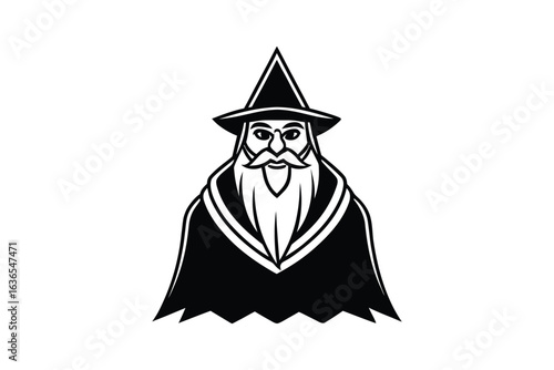 Wise Old Wizard in Conical Hat Silhouette Illustration