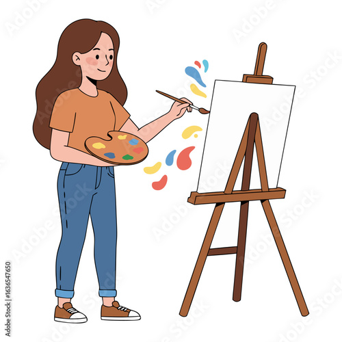 A cheerful young woman artist stands painting on an easel, expressing her creative talent and enjoying her artistic hobby.