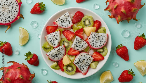 Photo of overhead view of a vibrant fruit salad featuring dragon fruit kiwi and strawberries offering a refreshing and healthy treat