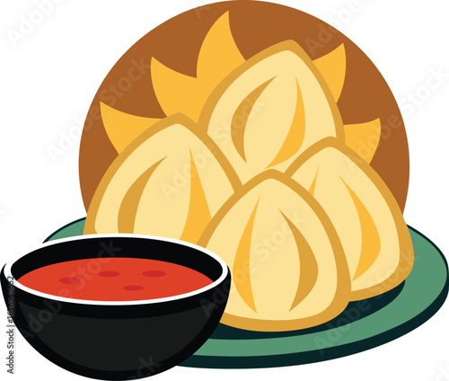 Gyoza dumplings with dipping sauce illustration