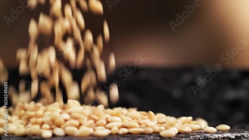 Raw pine nuts falling and collecting on a dark surface, healthy cooking ingredient, close-up with motion blur