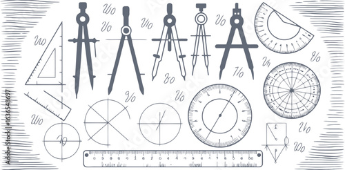 Collection of vintage drafting tools and geometric shapes in black and white geometry compass